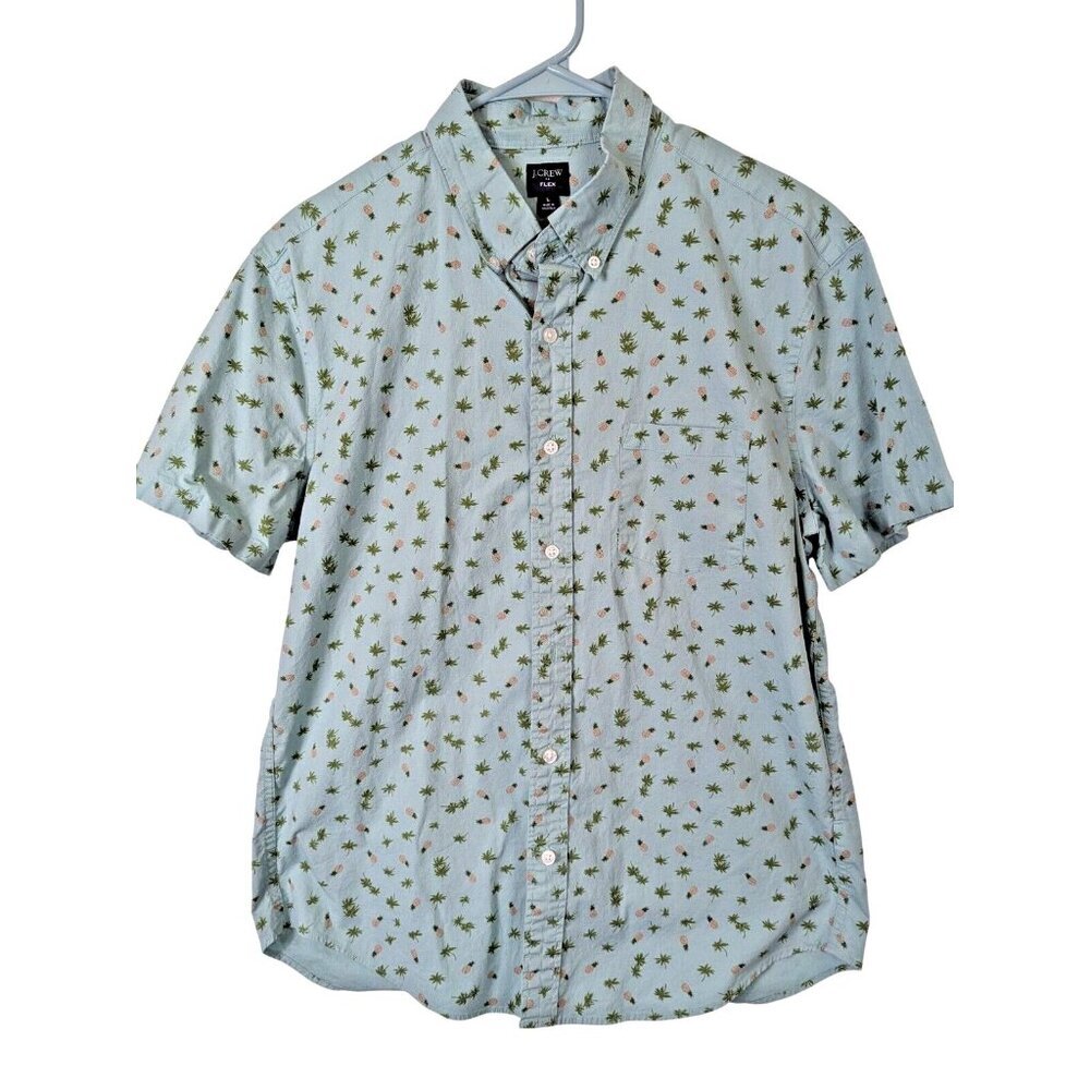 J Crew Flex Shirt Men size L Green Pineapple Cotton Stretch Tropical Button Up